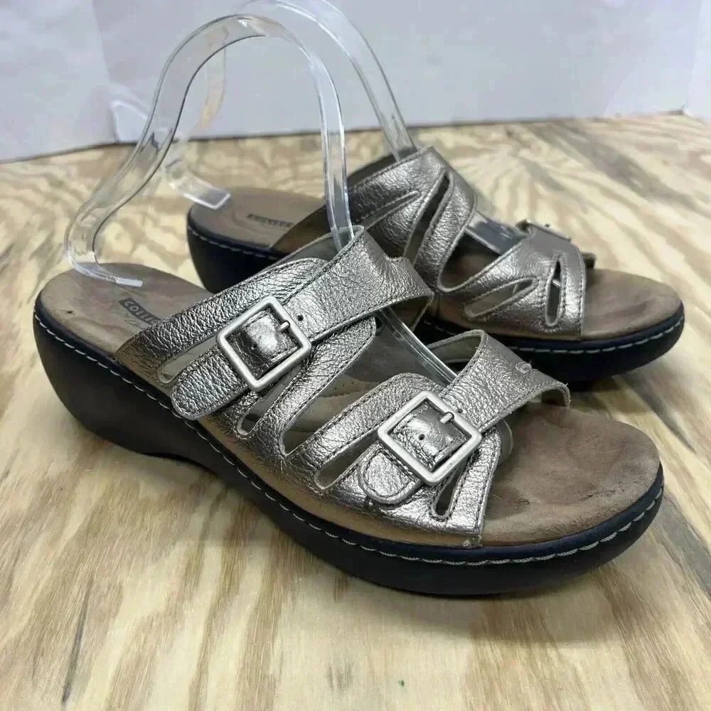 Clarks Collection Women's Slide Sandals Soft Cushion Sz 9.5 Metallic Gold